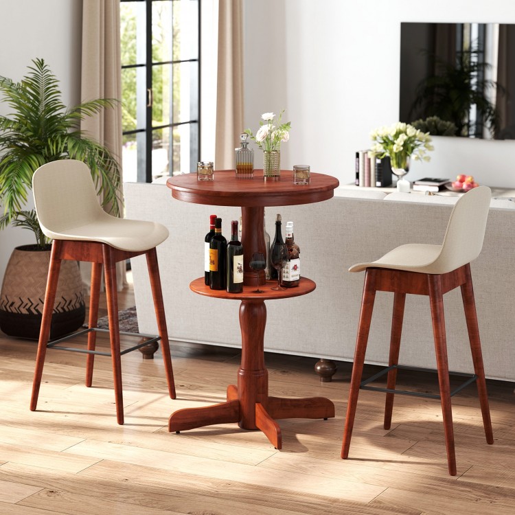 Round high top bar table in espresso with storage shelf, featuring a sturdy pedestal base and elegant design for dining.