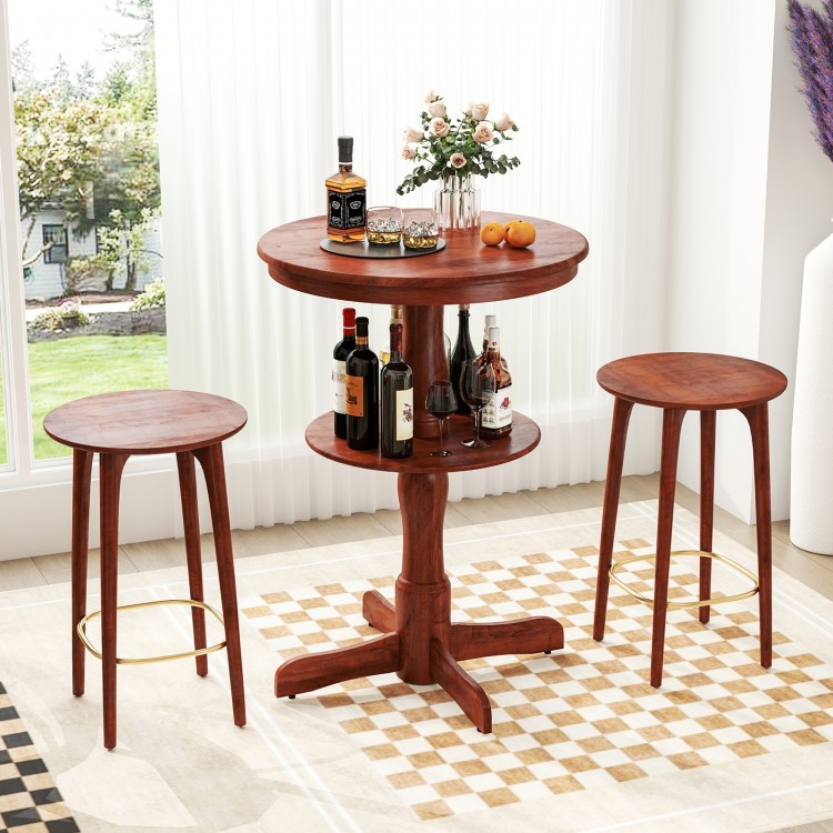 Round high top bar table in espresso with storage shelf, sturdy rubber wood, perfect for kitchens or dining areas.