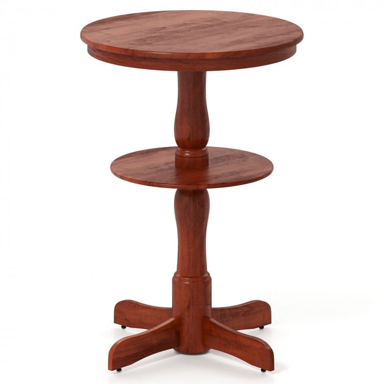 2-tier round high top bar table in espresso with storage shelf and pedestal base, perfect for kitchens and dining areas.