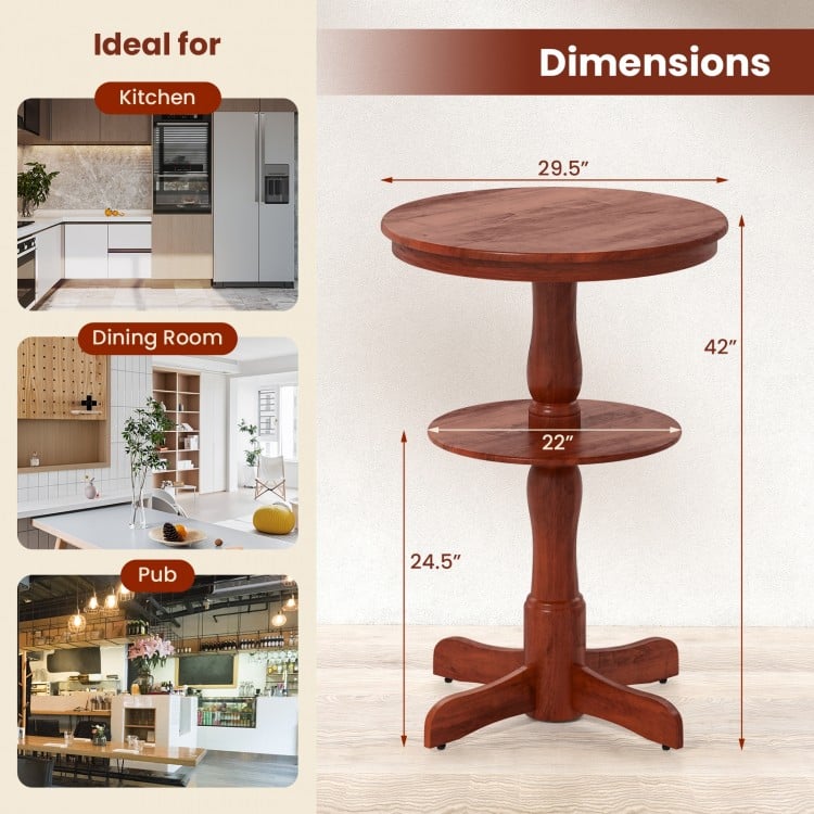 2-Tier round high top bar table in espresso with storage shelf, pedestal base, and adjustable foot pads for versatile.