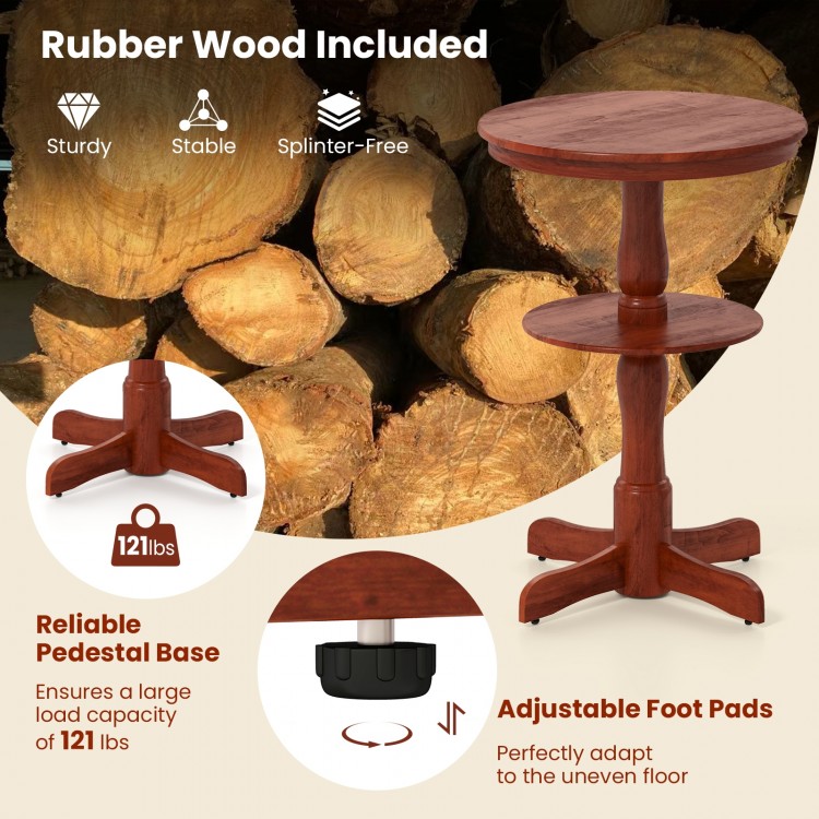 2-tier round high top bar table in espresso with storage shelf, sturdy rubber wood, and adjustable foot pads for.