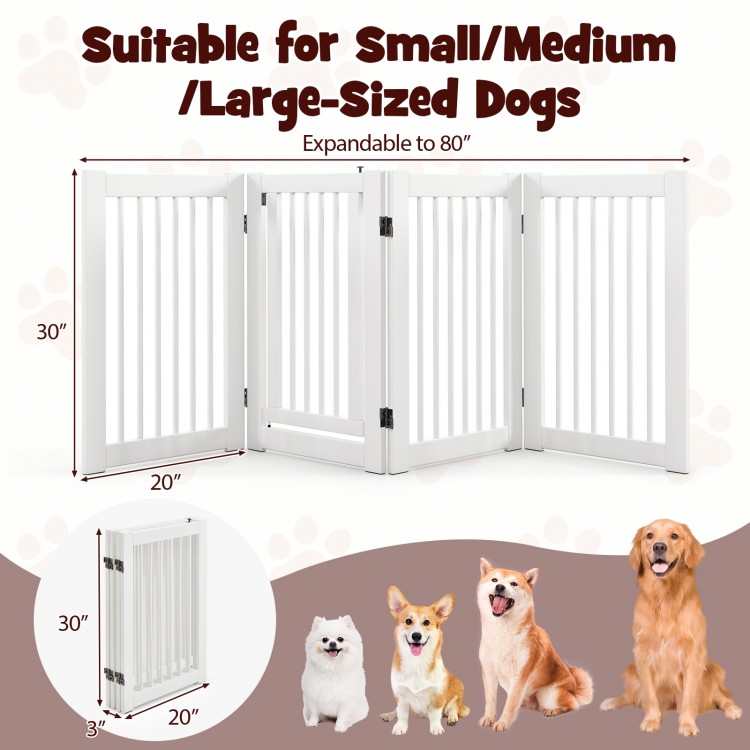 Freestanding 4-panel wooden dog fence in white, 30 inches tall, expandable to 80 inches, ideal for small to large dogs.