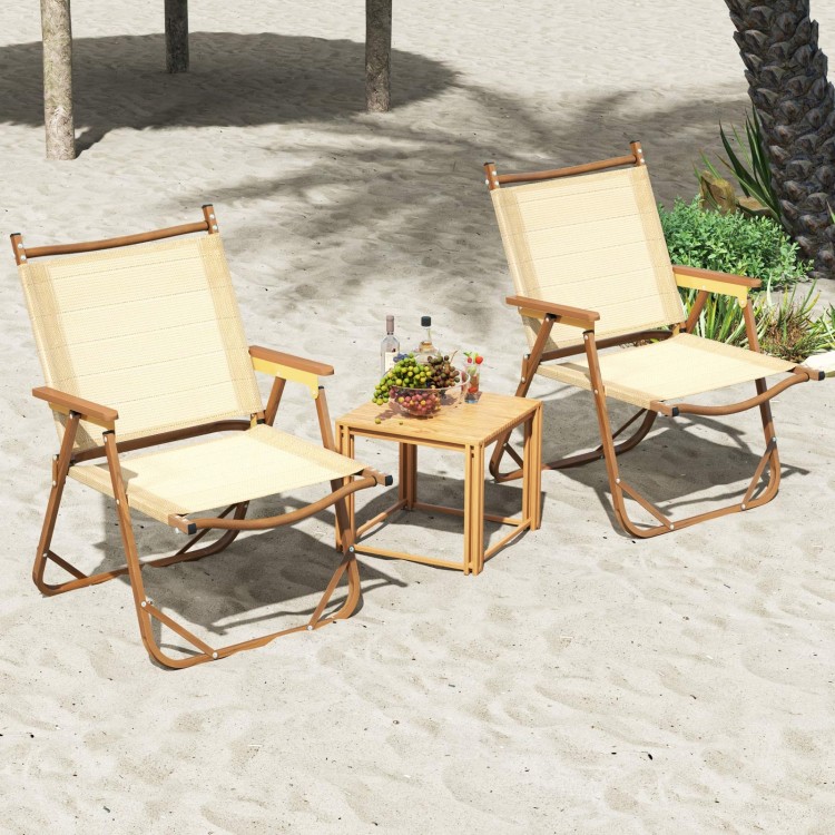 Lightweight beige folding camp chairs set of 2 with cozy armrests, perfect for beach relaxation.