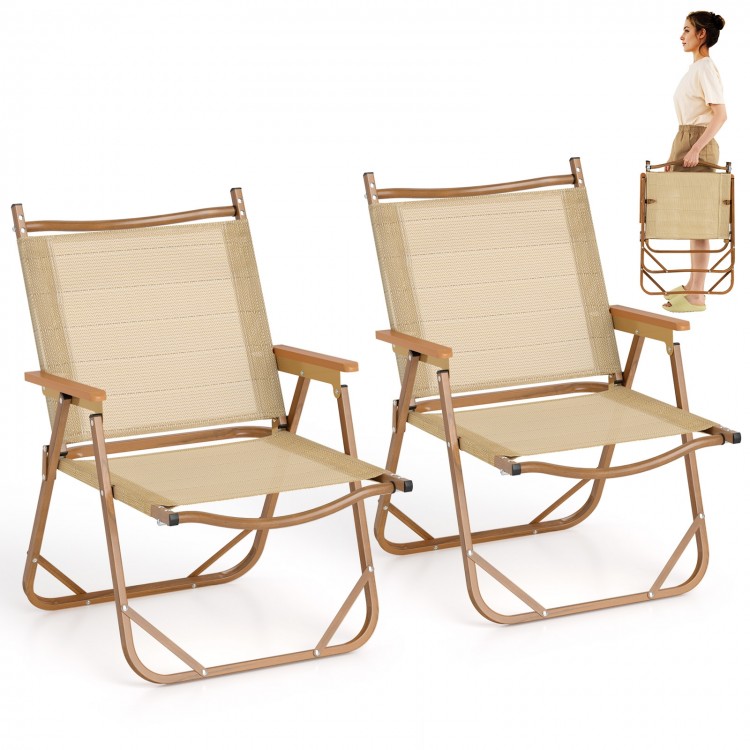 Lightweight beige folding camp chairs set of 2, featuring ergonomic design and cozy armrests for outdoor comfort.