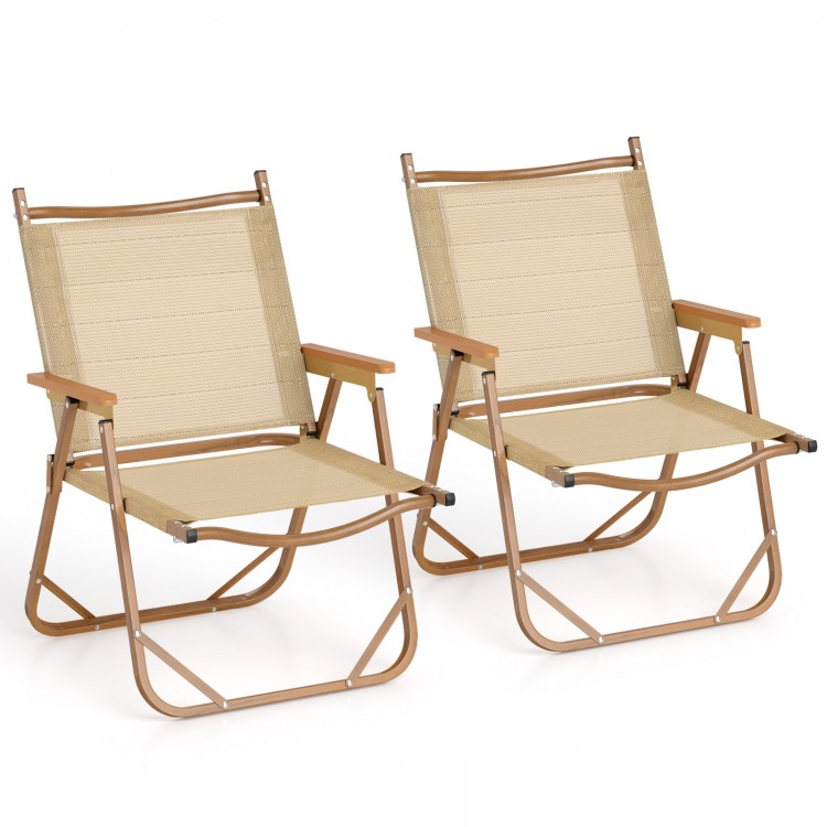 Set of 2 lightweight folding camp chairs in beige, featuring breathable fabric and ergonomic design for outdoor comfort.