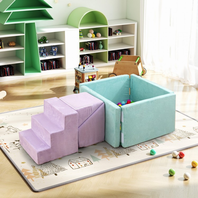 Soft play set featuring purple climbing blocks with a ramp and staircase, ideal for toddlers' imaginative play and.