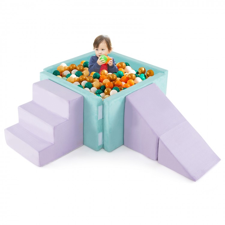 Soft play set featuring a ball pit, ramp, and staircase in purple, promoting imaginative play and motor skills for.
