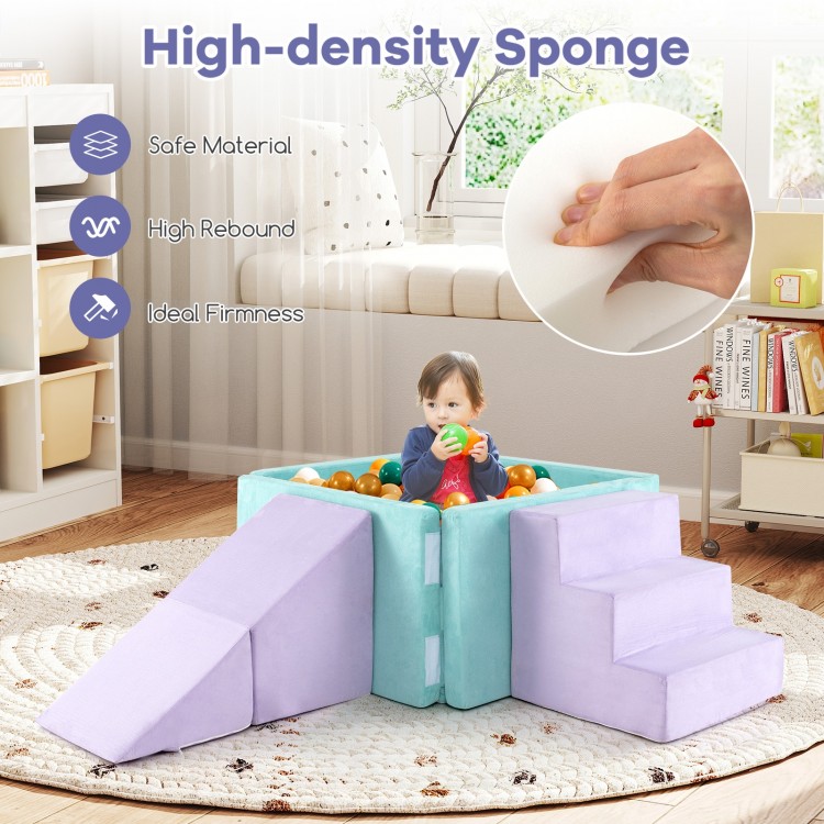 Soft play set with foam climbing blocks and ball pit, featuring a safe suede surface for toddlers' imaginative play.