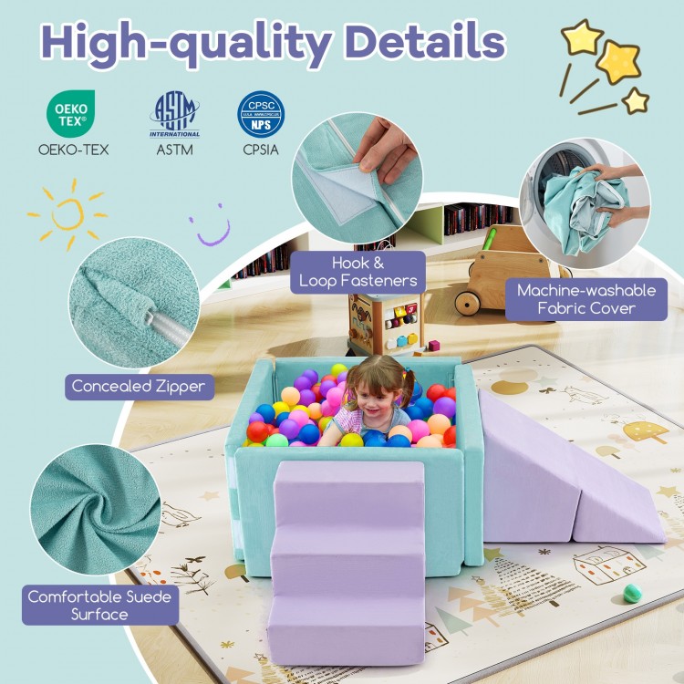 3-in-1 soft play set with purple suede fabric, includes ball pit, ramp, and staircase for toddlers' imaginative play.