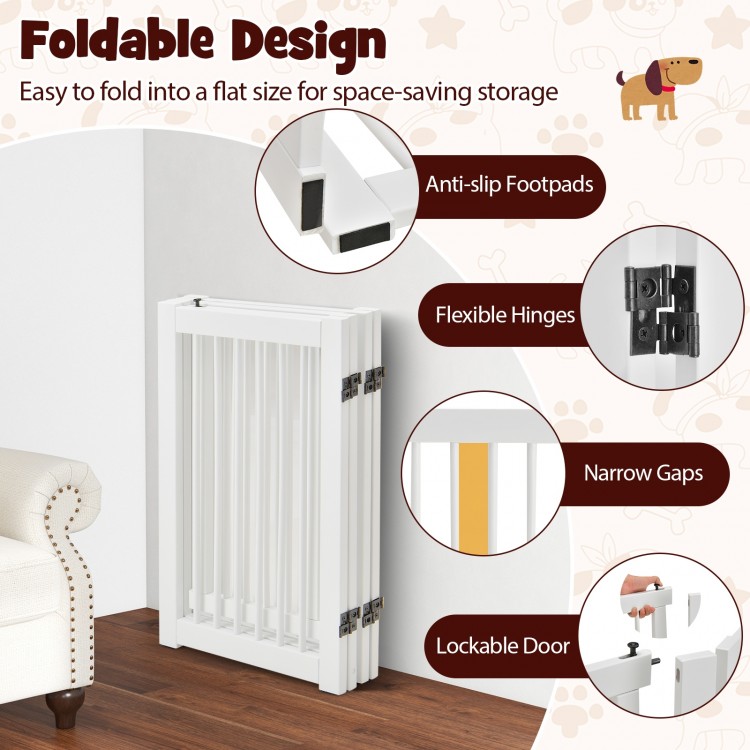 Freestanding 4-panel pet gate in white, crafted from solid pine wood, features a lockable door and anti-slip footpads.
