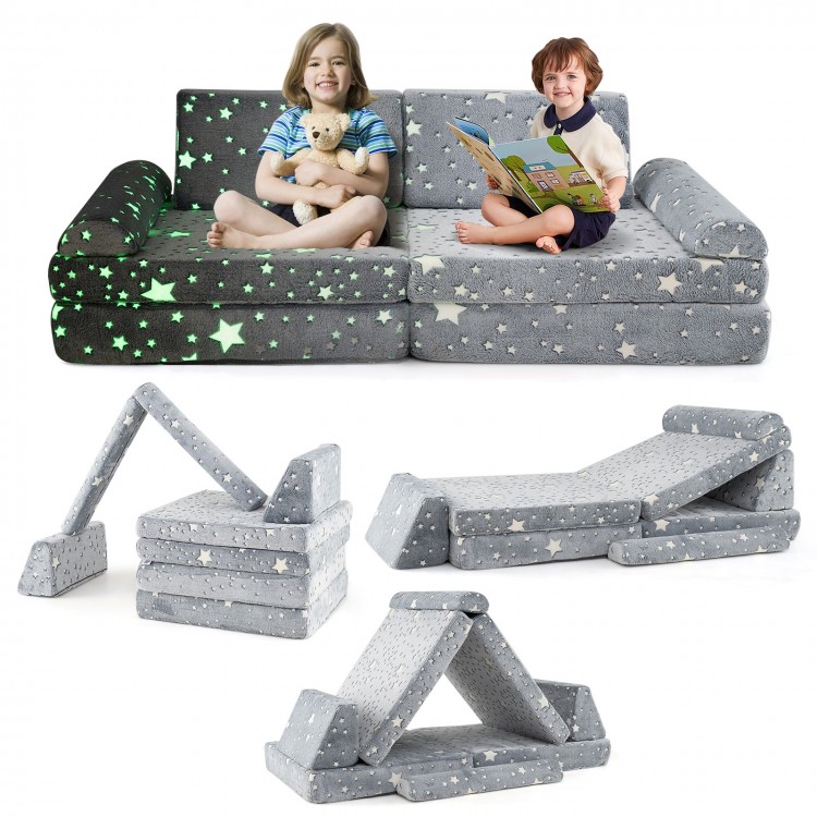 Gray modular kids play couch set featuring adorable glow-in-the-dark star patterns, promoting creativity and comfort.