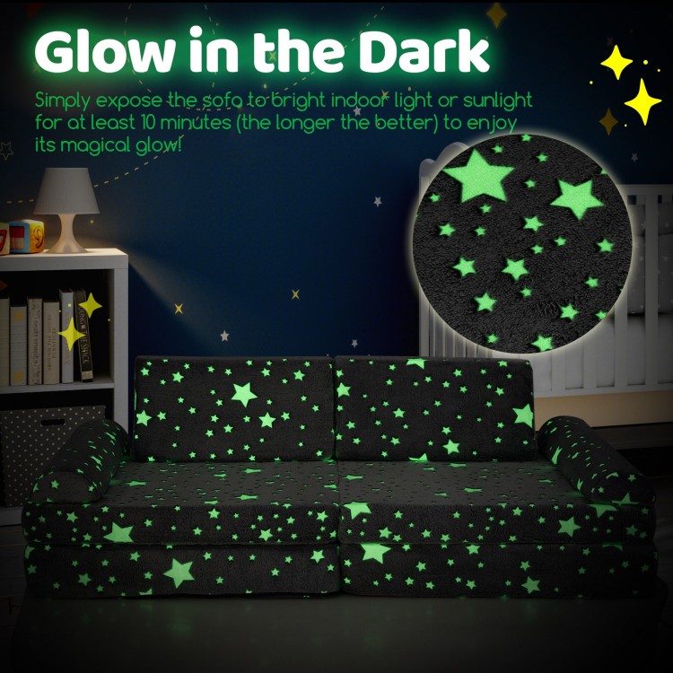 Modular kids play couch in gray with glow-in-the-dark star patterns, perfect for creative play and cozy lounging.