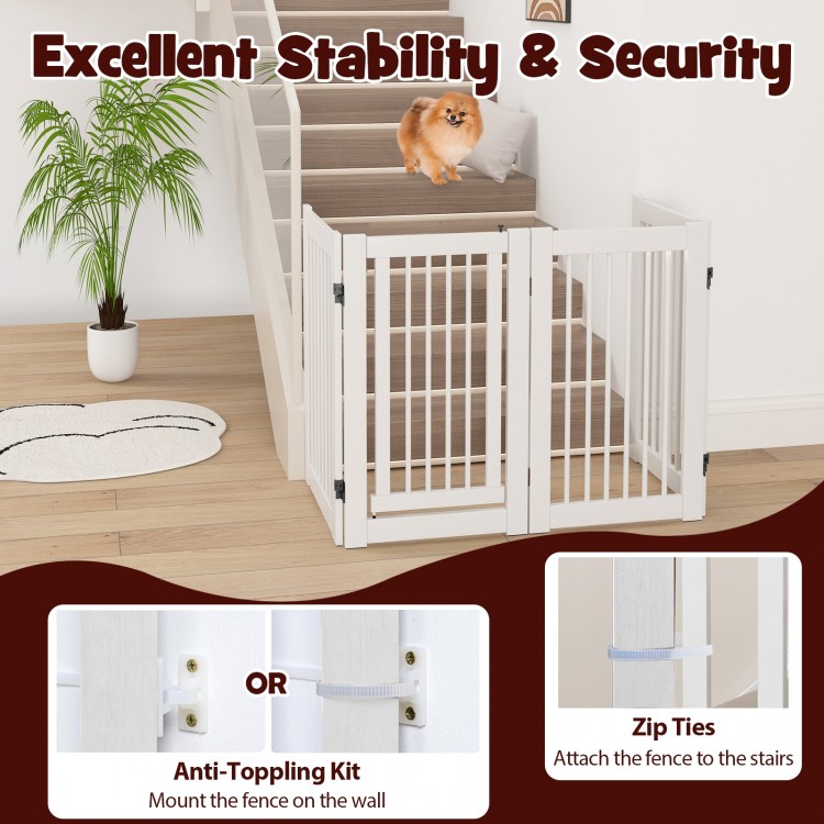 Freestanding 30-inch tall white wooden pet gate with lockable door and anti-toppling kit for secure pet containment.