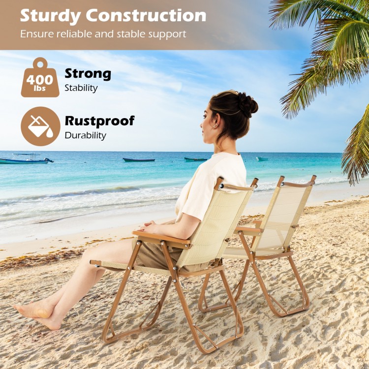 Lightweight beige folding camp chairs set of 2, featuring rustproof aluminum and a 400 lbs capacity for beach use.