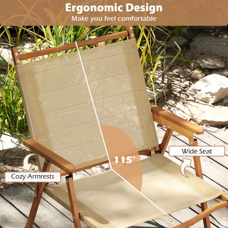 Folding camp chair with ergonomic 115° design, cozy armrests, and wide seat, perfect for beach or camping use.