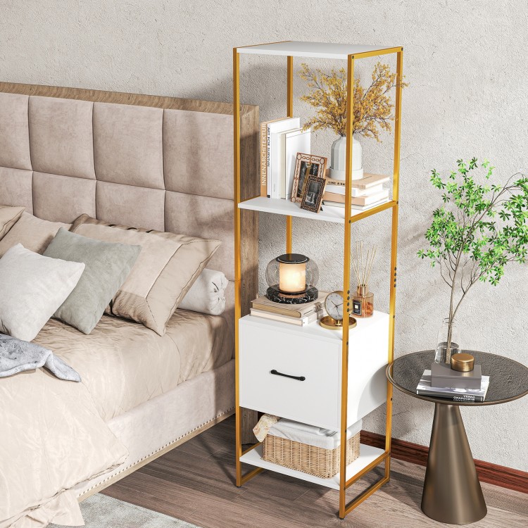 Narrow 5-tier bookcase in white with gold frame, featuring 4 open shelves and a storage drawer for small spaces.