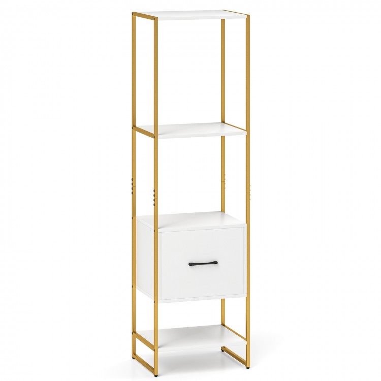 Narrow 5-tier bookcase with 4 open shelves and a storage drawer in white, ideal for small spaces and stylish.