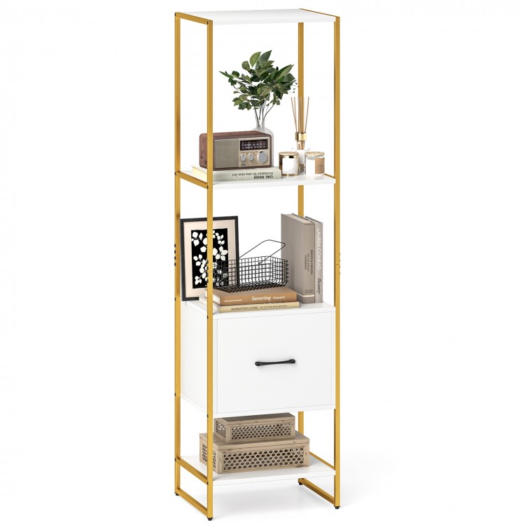 Narrow 5-tier bookcase showcasing a white finish, gold accents, and a deep drawer for hidden storage in tight spaces.