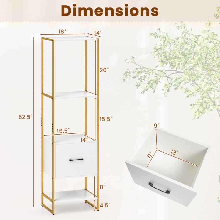 5-tier narrow bookcase with 4 open shelves and storage drawer, featuring a white finish and gold metal frame for small.