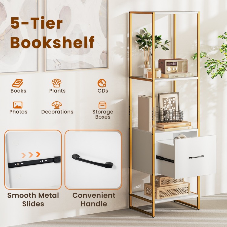 5-tier narrow bookcase in white with 4 open shelves and a storage drawer, perfect for small spaces and organization.