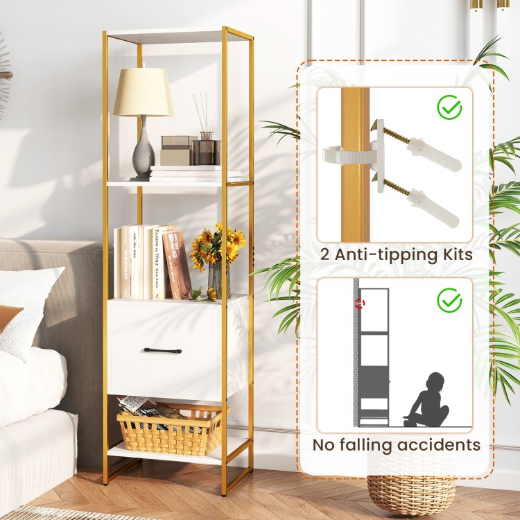 5-tier narrow bookcase in white with 4 open shelves and a storage drawer, perfect for small spaces and organized.