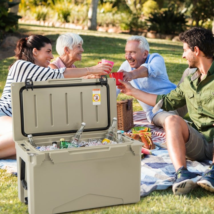Portable 50 QT tan cooler with integrated cup holders, perfect for outdoor gatherings and keeping drinks cold.