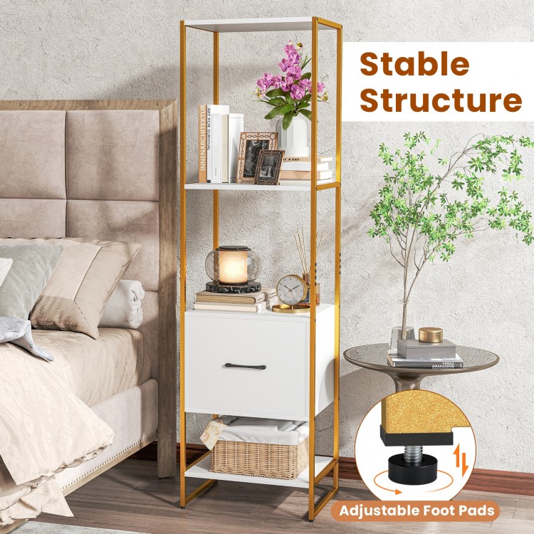 Narrow 5-tier bookcase with adjustable foot pads for stability, featuring 4 open shelves and a deep storage drawer in.