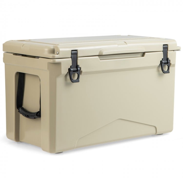 50 QT rotomolded cooler in tan with integrated cup holders, designed for long-lasting insulation and outdoor use.