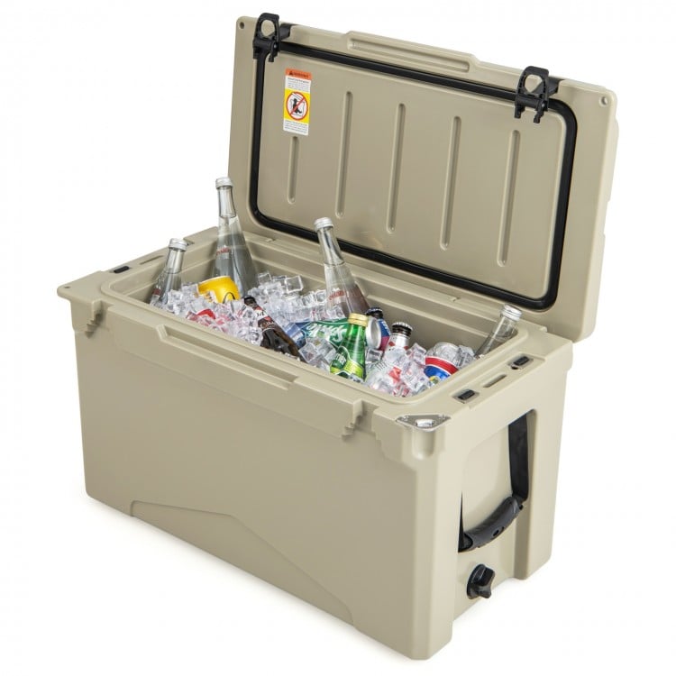 50 QT rotomolded cooler in tan with ice, drinks, and integrated cup holders, ideal for camping and outdoor activities.