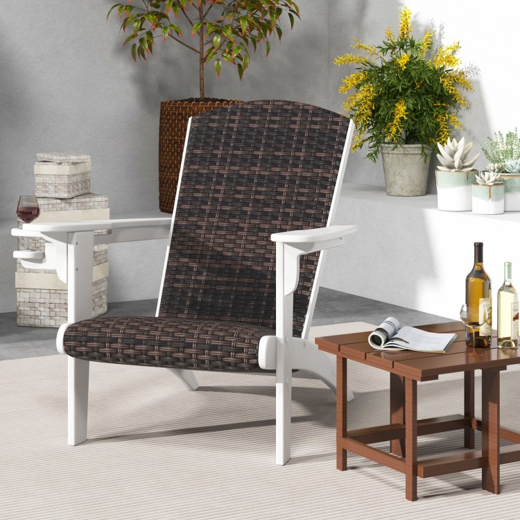 Patio Adirondack chair with rattan padded seat and hidden cupholder, perfect for backyard relaxation and outdoor use.
