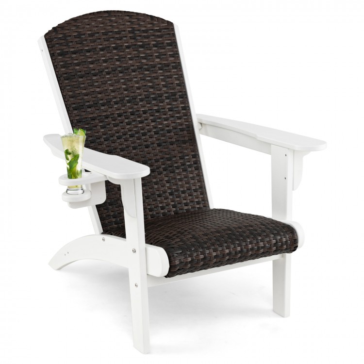 Adirondack chair with rattan padded seat and hidden cupholder, featuring a white HDPE frame for outdoor comfort.