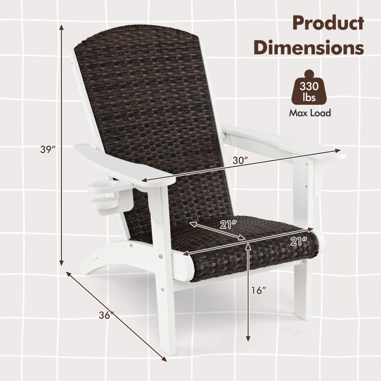 Patio Adirondack chair with rattan padded seat, white HDPE frame, dimensions shown, ideal for backyard relaxation.