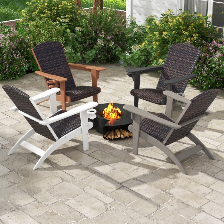 Four Patio Adirondack Chairs with Rattan Seats and Hidden Cupholders arranged around a fire pit for outdoor relaxation.