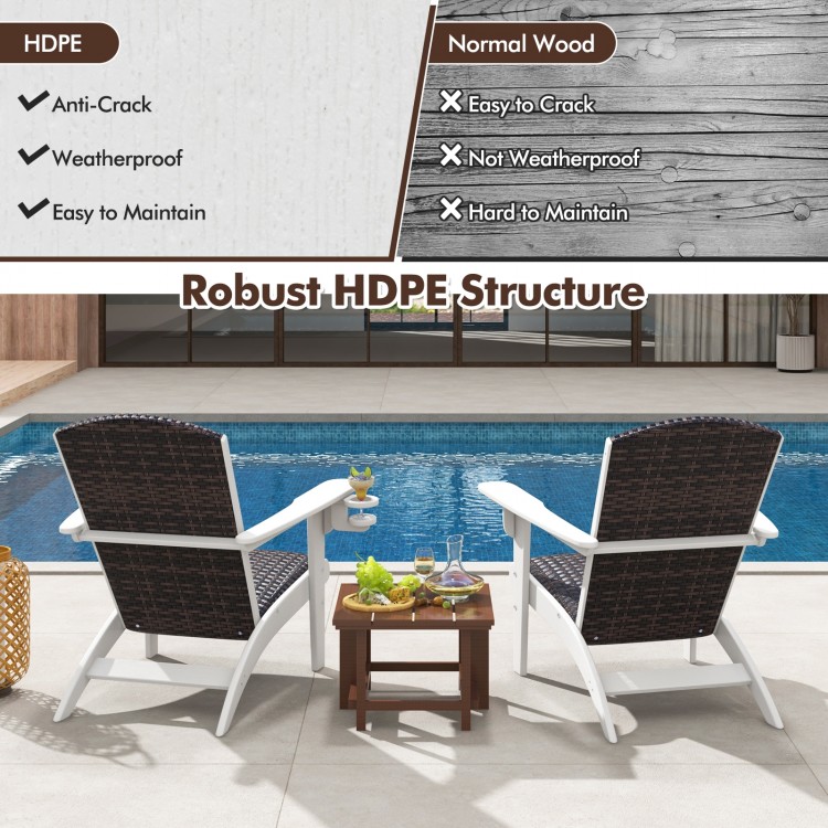 Patio Adirondack chair with rattan padded seat, HDPE frame, and hidden cupholder, perfect for poolside relaxation.