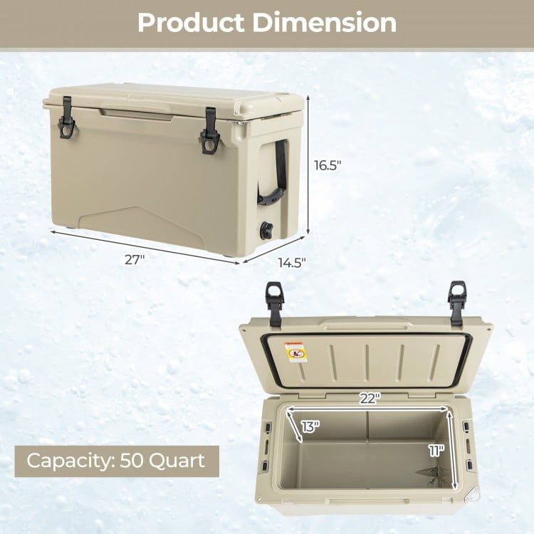 50 QT rotomolded cooler in tan with dimensions, featuring integrated cup holders and a leak-proof design for outdoor.