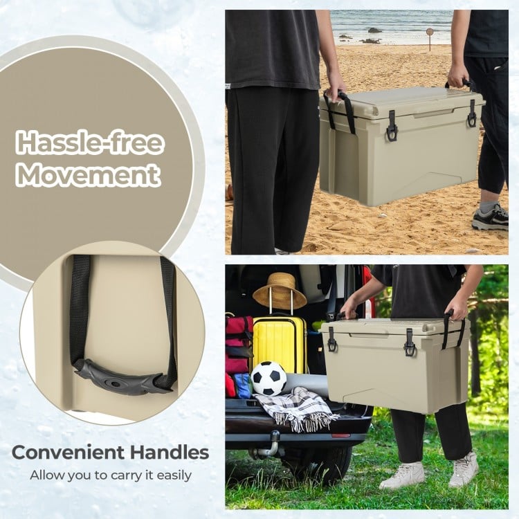Tan 50 QT rotomolded cooler with convenient handles, ideal for camping and beach trips, featuring cup holders and.