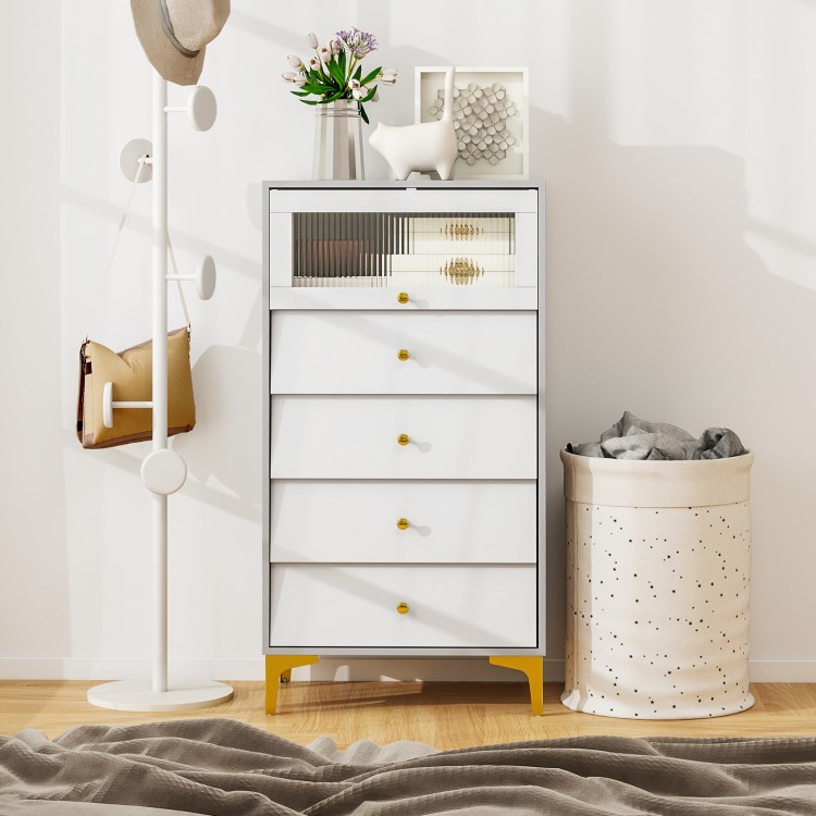 Modern 4-drawer storage cabinet in gray and white with fluted glass door, ideal for bedrooms and living rooms.