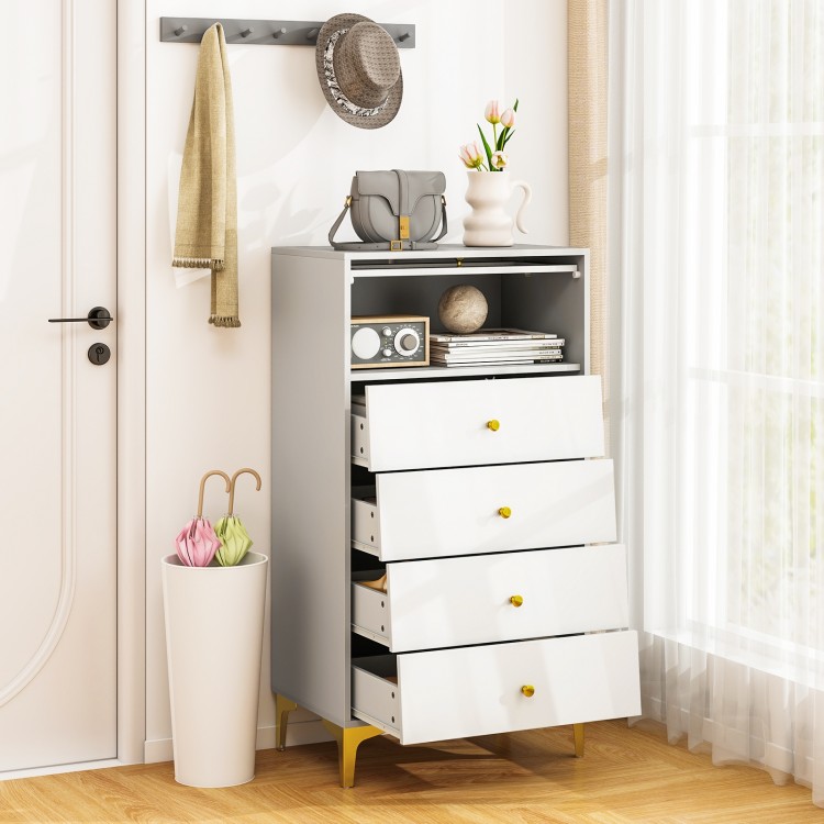 Modern 4 drawer storage cabinet in gray and white with fluted glass door, ideal for living rooms or entrances.