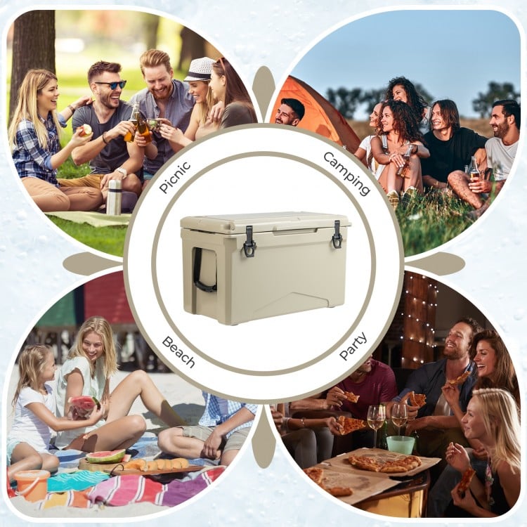 50 QT tan rotomolded cooler with integrated cup holders, ideal for camping, parties, and beach outings.