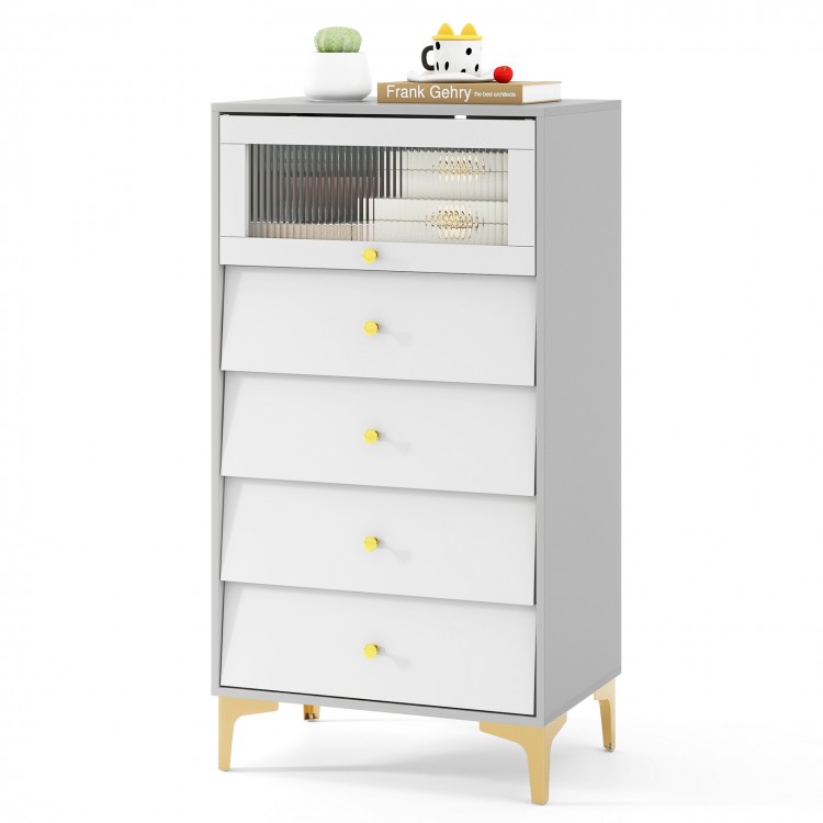 Gray and white modern storage cabinet showcasing inclined drawer doors and smooth slides, perfect for stylish.