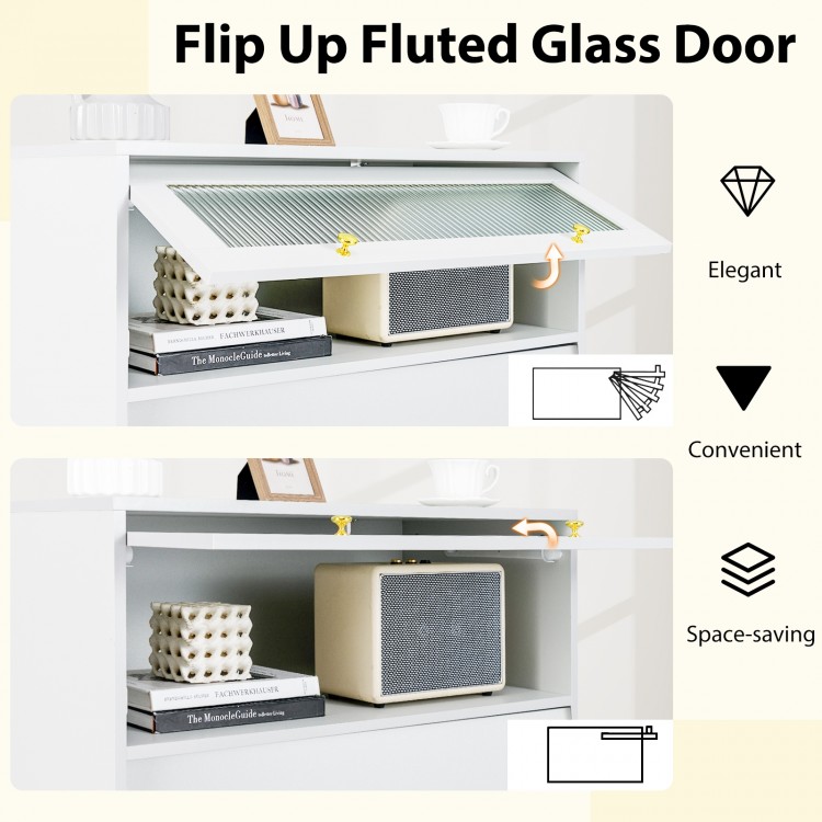 Flip-up fluted glass door of the gray and white 4 drawer storage cabinet, showcasing elegant design and space-saving.