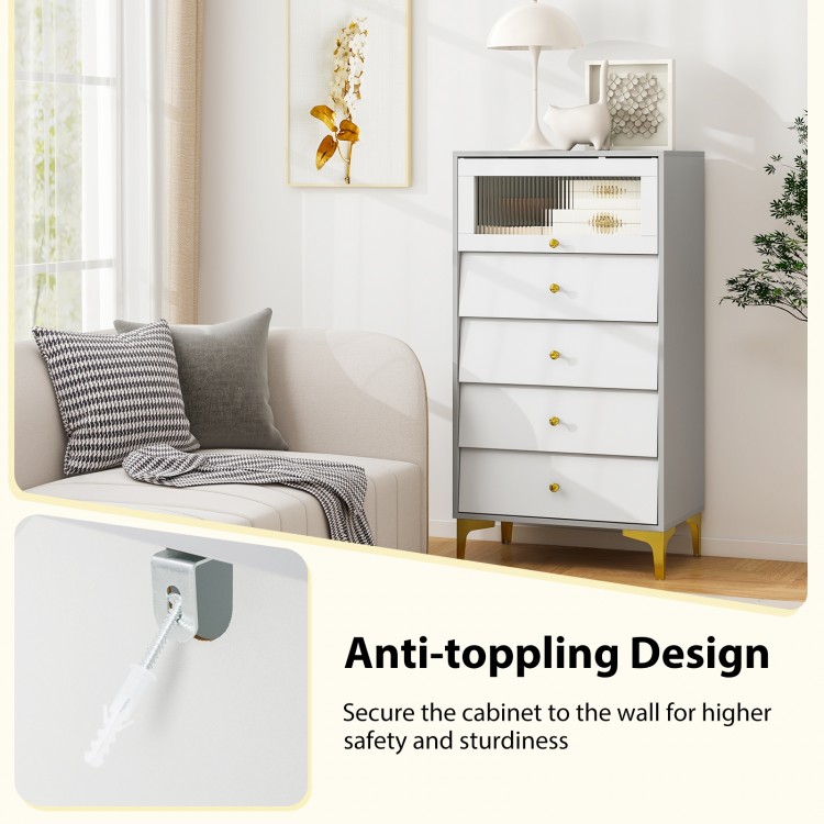 4-drawer gray and white storage cabinet with flip-up fluted glass door, featuring anti-toppling design for safety.