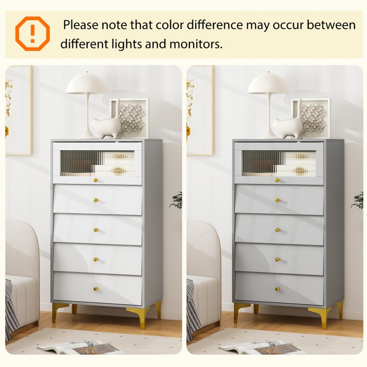 4-drawer modern storage cabinet in gray and white with fluted glass door, ideal for bedrooms and living rooms.