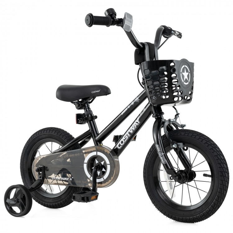 12-inch kids bike with basket, training wheels, and adjustable seat for children aged 3-5 years, featuring a dual brake.