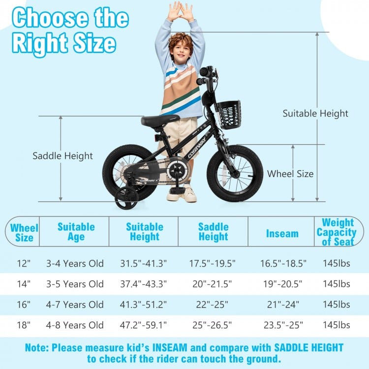 12-inch kids bike with basket, training wheels, adjustable seat, suitable for children aged 3-5 years old.