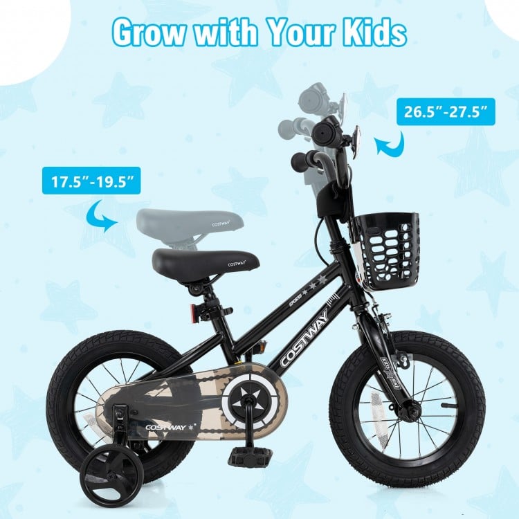 12-inch kids bike with adjustable seat, training wheels, and basket, perfect for children aged 3-5 years old.
