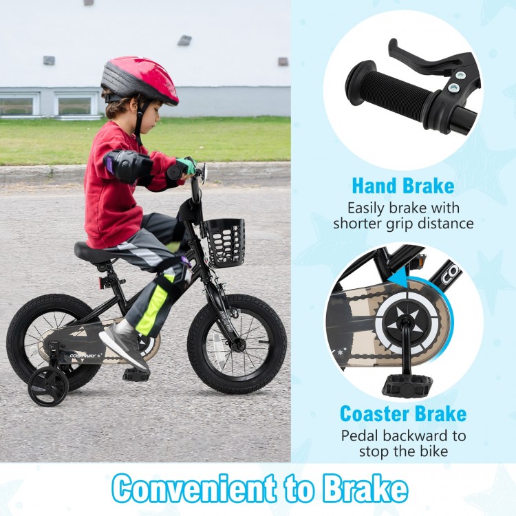 Kids 12-inch bike with basket, hand brake, and training wheels, perfect for children aged 3-5 years old.