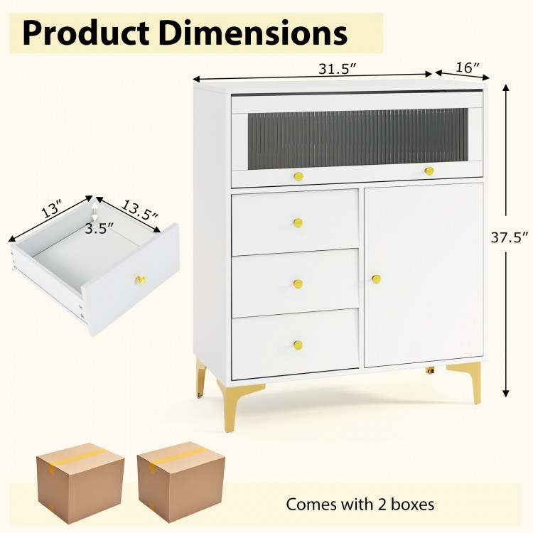 Dimensions of gray chest of drawers with flip-up fluted glass door, measuring 31.5" x 16" x 37.5", ideal for versatile.