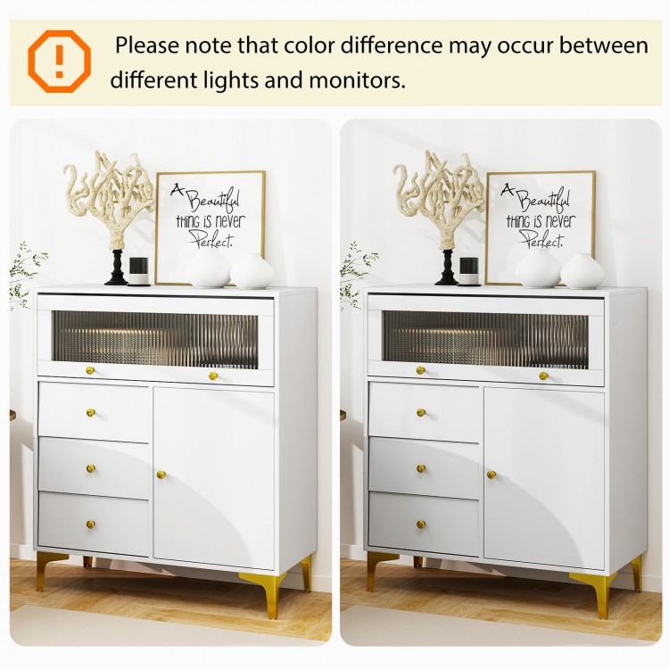 Gray chest of drawers showcasing a fluted glass door and exquisite knobs, perfect for stylish storage in any room.
