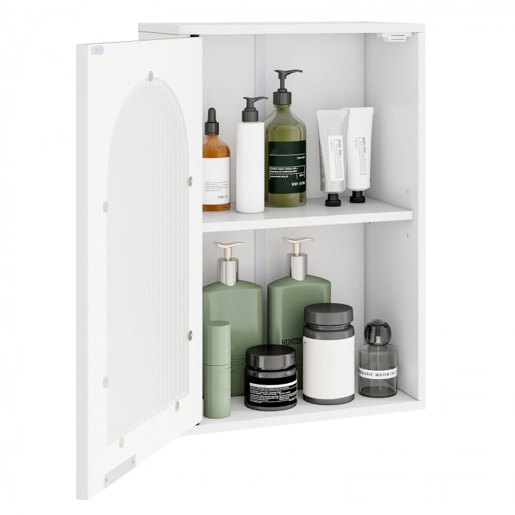 Bathroom wall cabinet with tempered glass door, adjustable shelf, and spacious storage for toiletries and essentials.